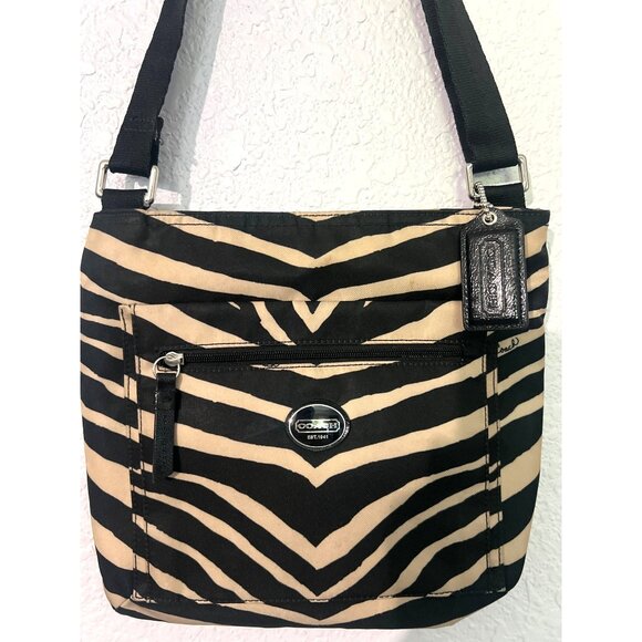 Authentic Coach Crossbody Bag Purse Nylon Zebra Print Black Tan COA Entrupy Logo - Picture 1 of 11